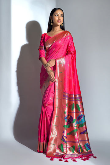 Dark Pink Banarasi Soft Silk Paithani With Zari Border Saree