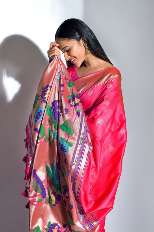 Dark Pink Banarasi Soft Silk Paithani With Zari Border Saree