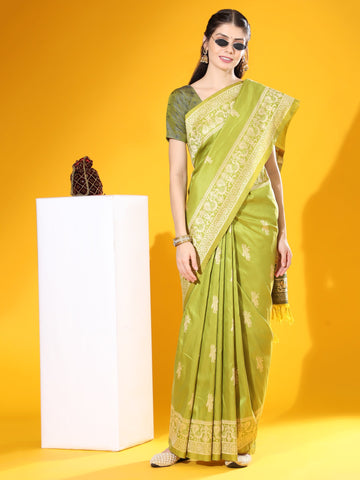 Alpine Green Banarasi Raw Silk Woven Saree