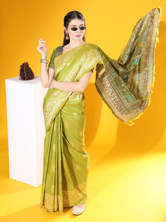 Alpine Green Banarasi Raw Silk Woven Saree