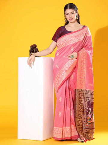 Baby Pink Banarasi Raw Silk Woven Saree