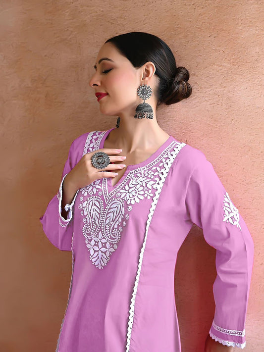 Heavy Chikankari Exclusive Kurti_Pent Pair (Pink)