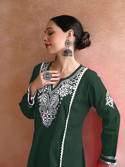 New Chikankari Exclusive Kurti_Pent Pair (Green)