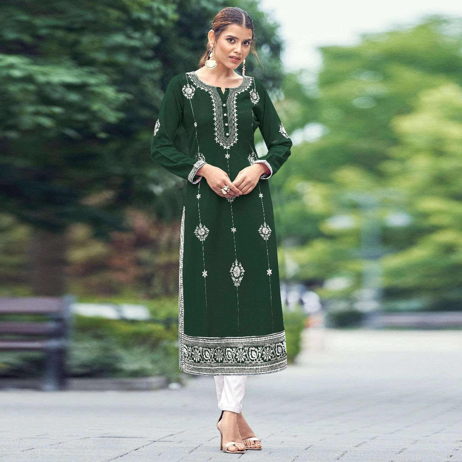 New Chikankari Exclusive Kurti_Pent Pair (Green)