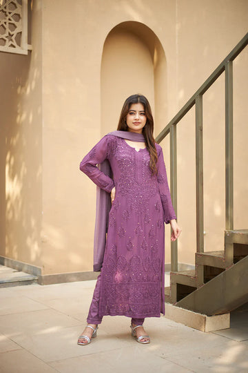 Viscose Georgette Straight Kurta Set With 3D Hand Work(Purple)