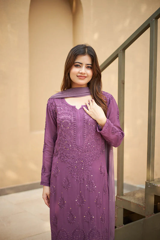 Viscose Georgette Straight Kurta Set With 3D Hand Work(Purple)