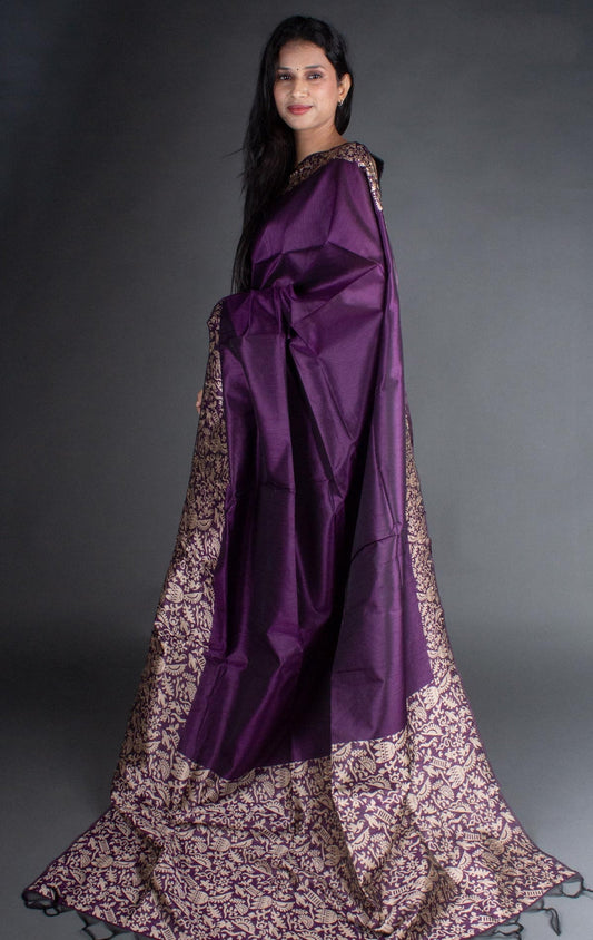 Flosive Traditional Golden Zari Work Violet Soft Banarasi Saree