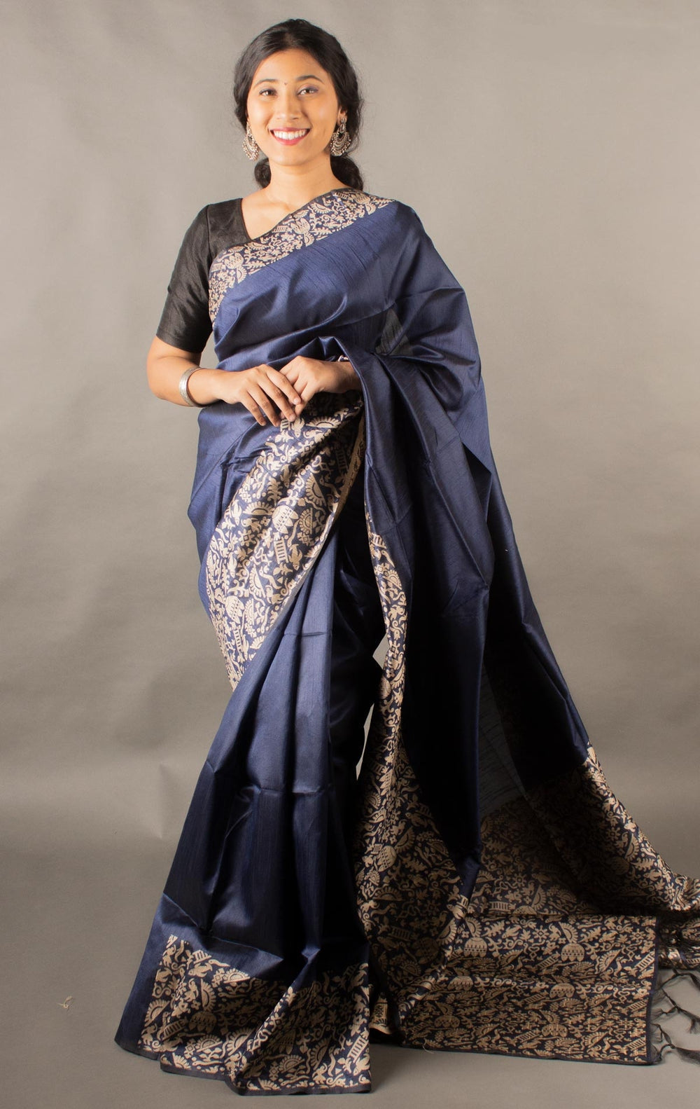 Flosive Traditional Golden Zari Work Dark Blue Soft Banarasi Saree