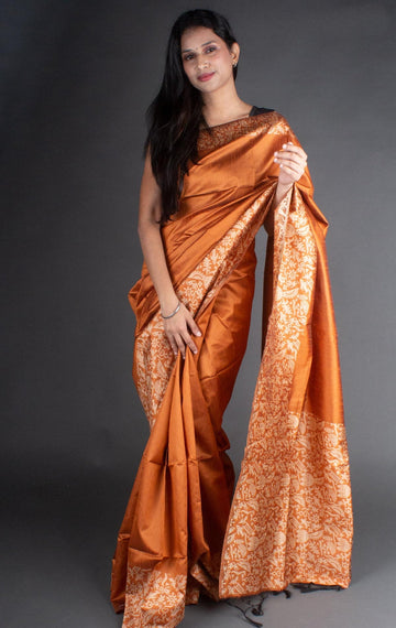 Flosive Traditional Golden Zari Work Orange Soft Banarasi Saree