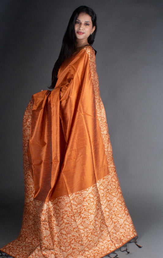 Flosive Traditional Golden Zari Work Orange Soft Banarasi Saree