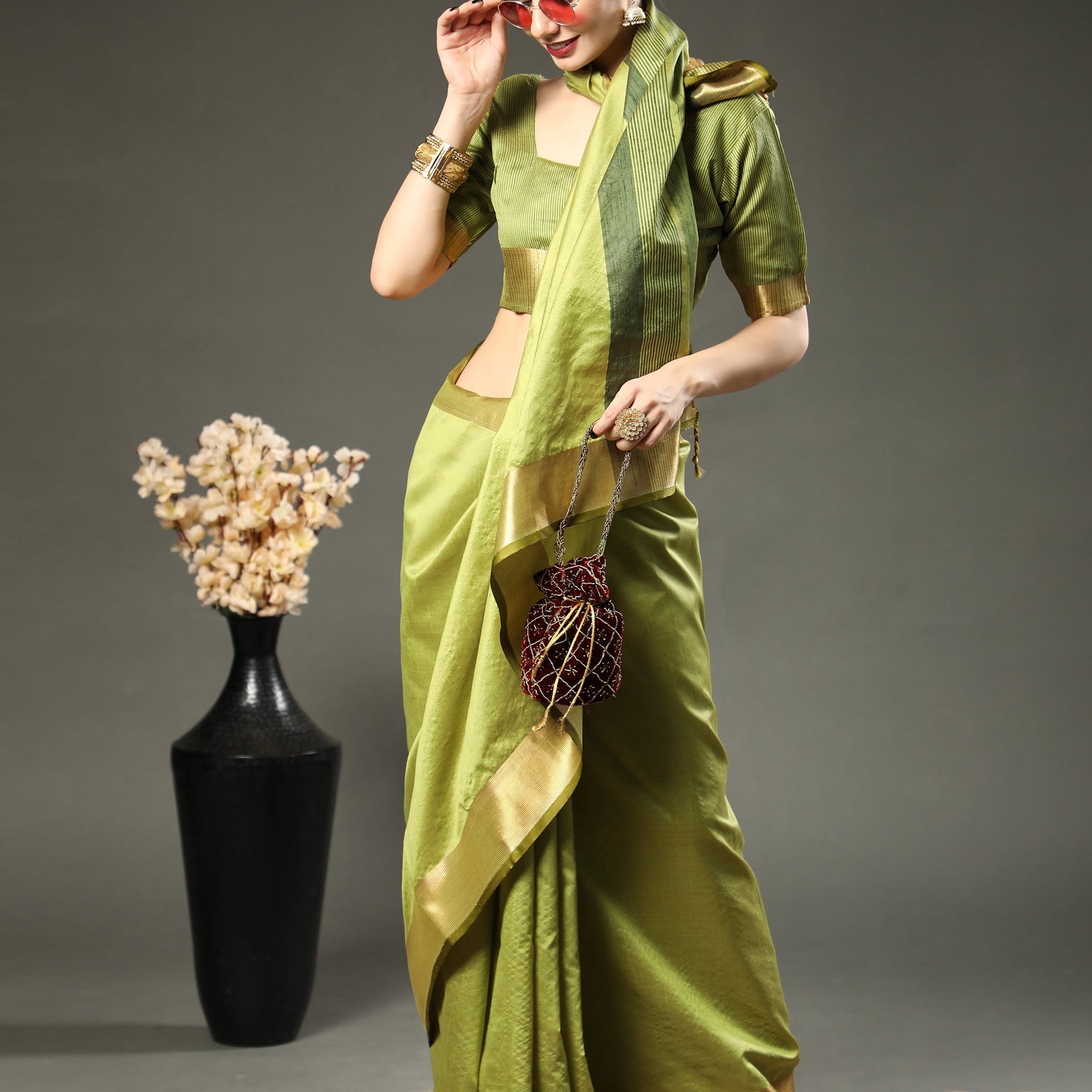 Asparagus Green Assam Silk Saree