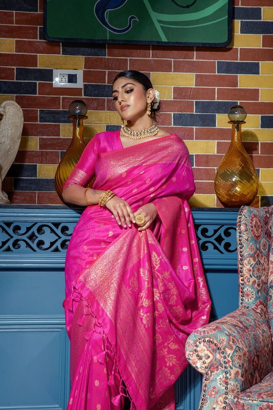 Banarasi Raw Silk Zari Woven Work Pink Color Saree Festive Wear