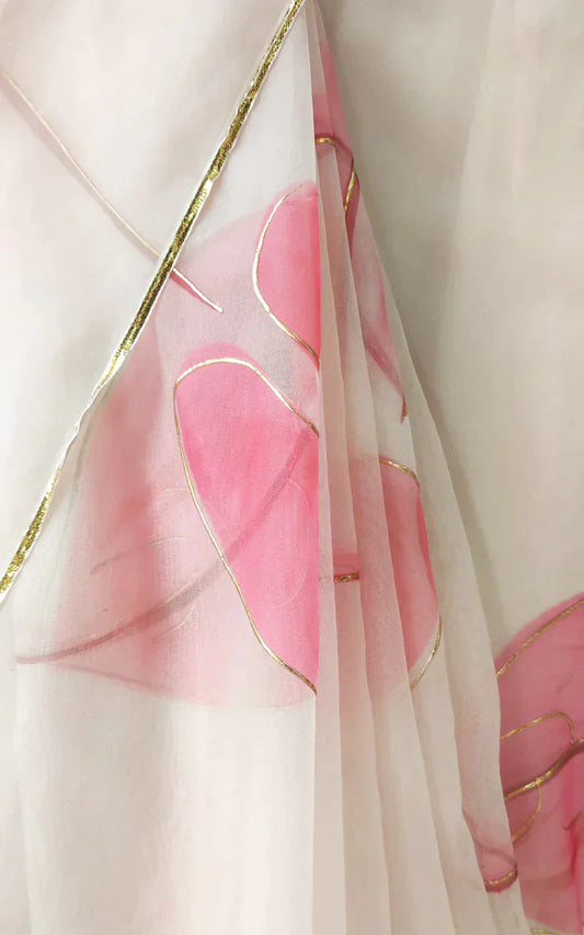 PINK ANTHURIUM HANDPAINTED ORGANZA SAREE