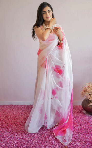 PINK ANTHURIUM HANDPAINTED ORGANZA SAREE