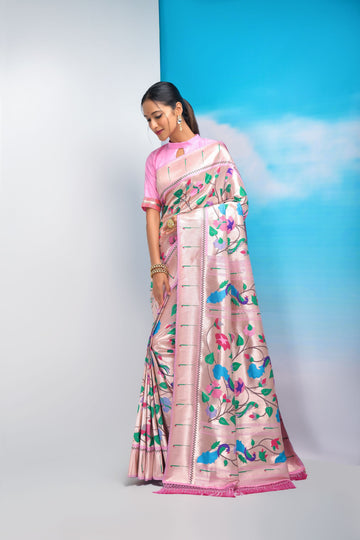 Ambient Baby Pink Color Paithani Silk Saree With Golden Zari Weaving Work In Less Price