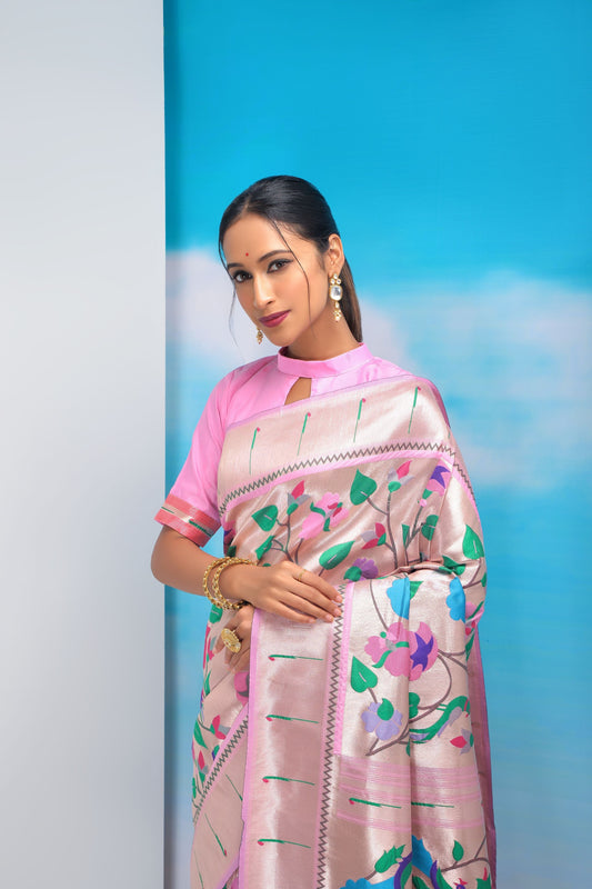 Ambient Baby Pink Color Paithani Silk Saree With Golden Zari Weaving Work In Less Price