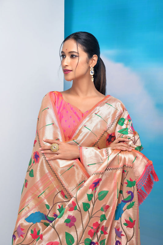 ROSY PINK Color Paithani Silk Saree With Golden Zari Weaving Work In Less Price