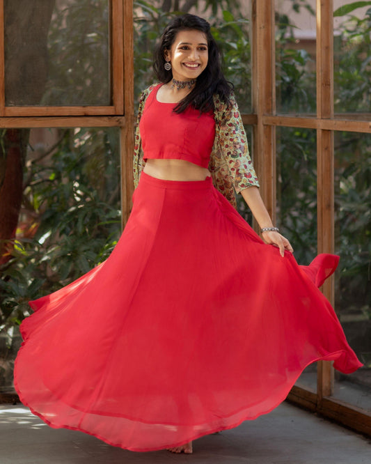 Bright Red Crop Top And Skirt With Green Kalamkari Silk Jacket - Set Of Three