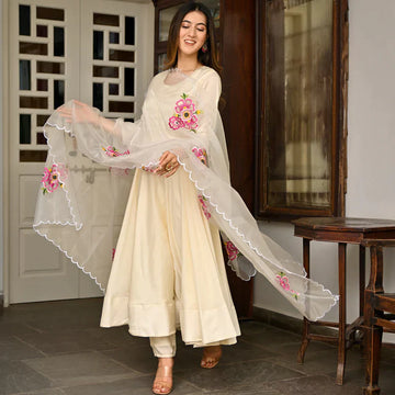 Featuring Ivory Taffeta Embroidered Anarkali Suit