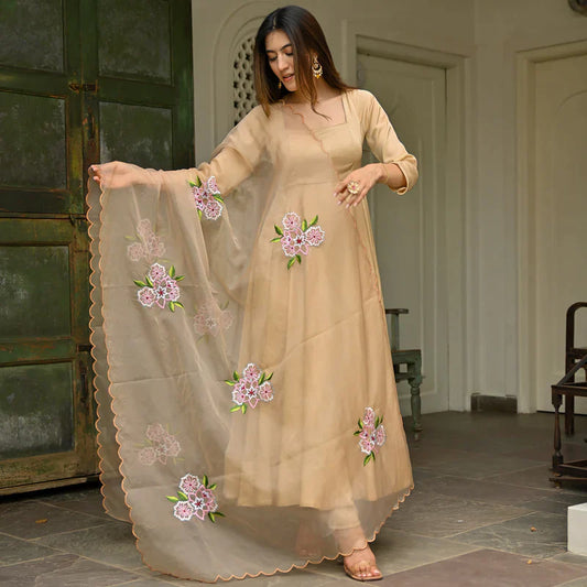 Featuring Beige Embroidered Anarkali Set