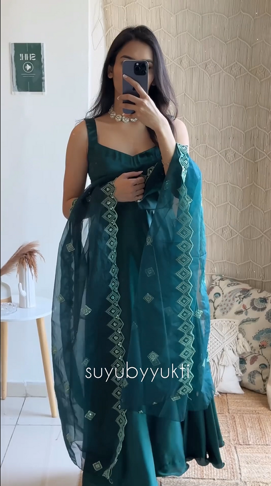 Teal Green Satin Anarkali Set paired with organza dupatta🦚