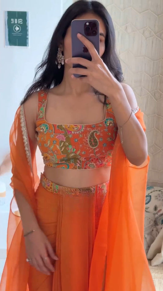 gorgeous Orange Draped Skirt Three Piece Set 🧡