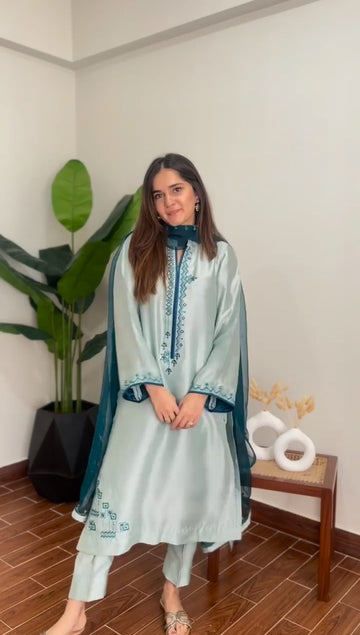 light blue silk Suit Set