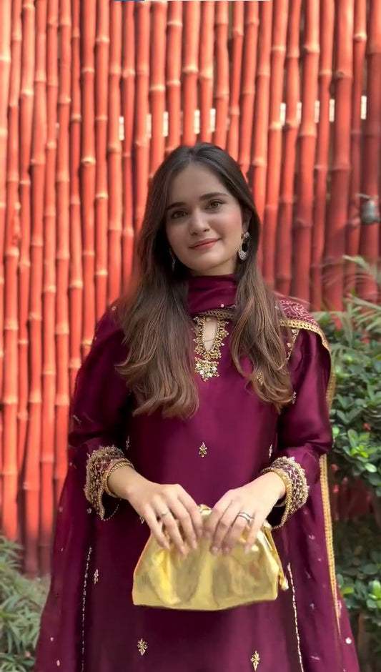 Maroon Embellished Kurta Set