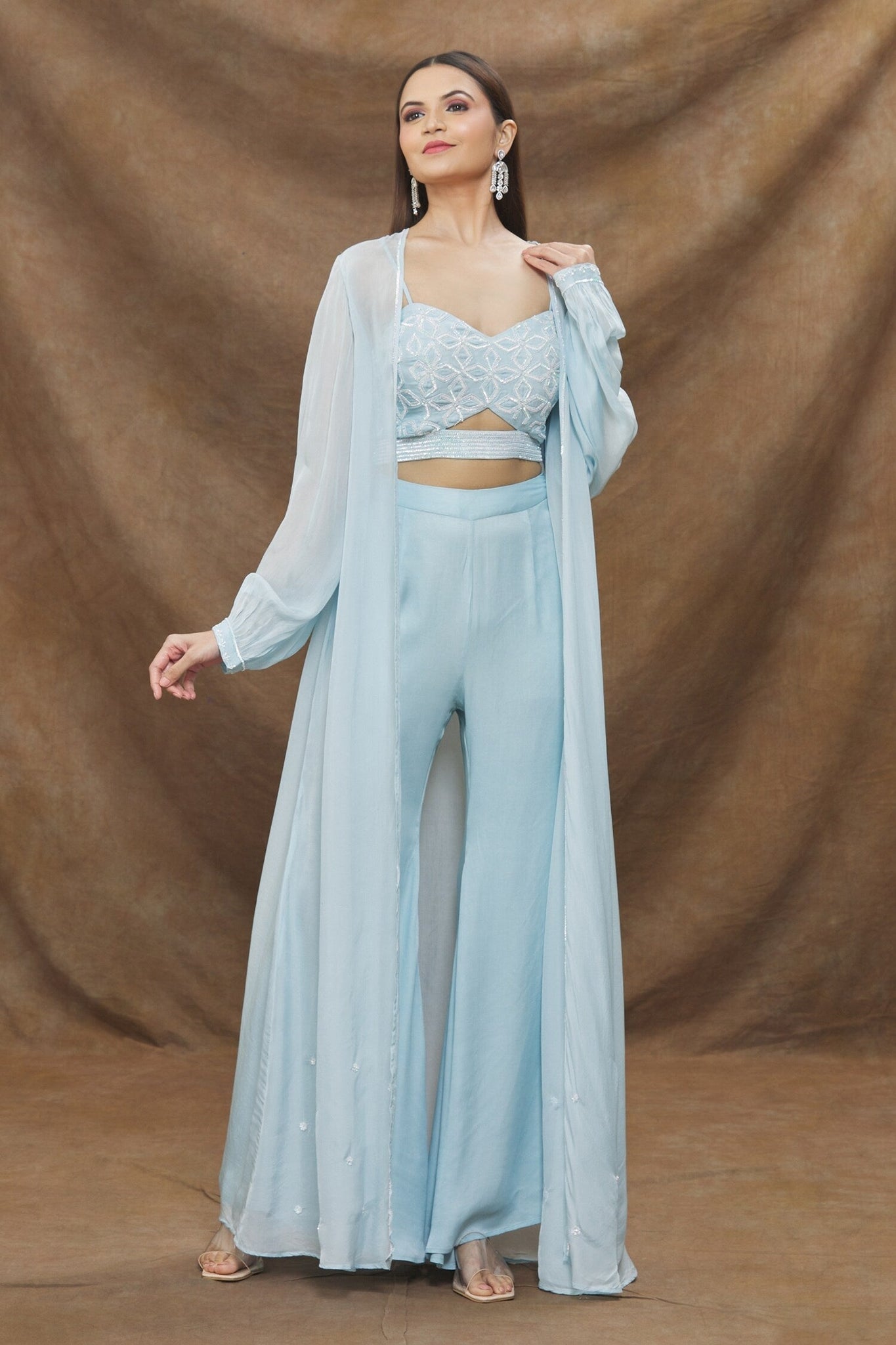 Blue Silk Satin Embroidery Sheer Sleeved Cape Bell Bottoms Pant Set For Women