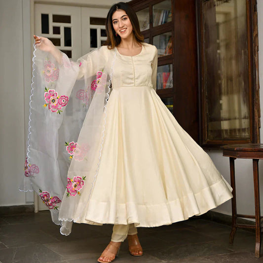 Featuring Ivory Taffeta Embroidered Anarkali Suit