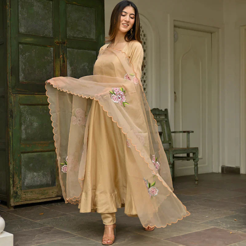 Featuring Beige Embroidered Anarkali Set