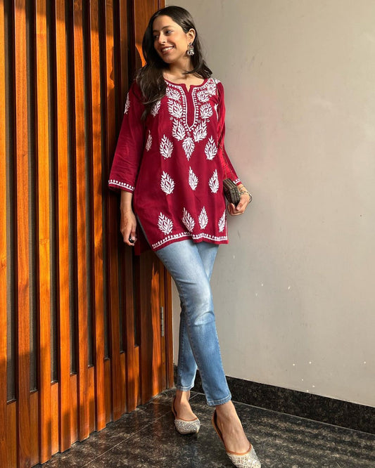 Maroon Chikankari Embroidery Cotton Kurta