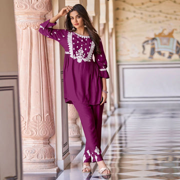 Designer Chikankari Exclusive Kurti_Pent Pair (Wine)