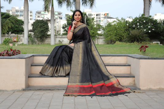 Eerie Black Tussar Silk Saree