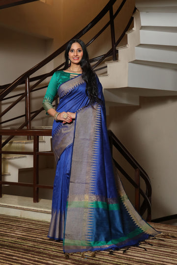 Bay Of Many Blue Tussar Silk Saree