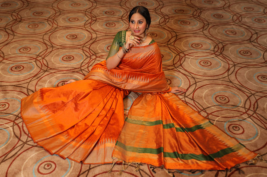 Flamingo Dark Orange Tussar Silk Saree