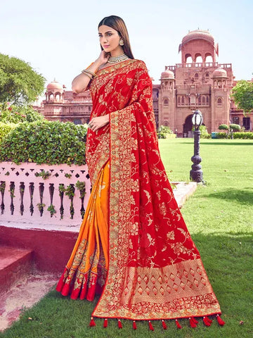 Red And Orange Color Silk Embroidered Saree With Un-stitched Blouse