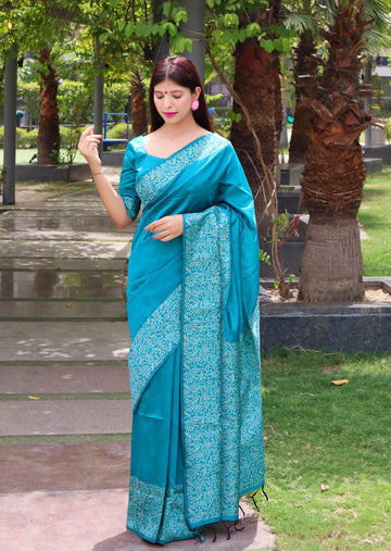 Cerulean Blue Banarasi Raw Silk Saree