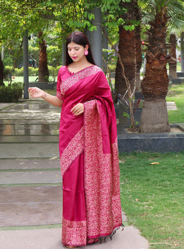 Deep Pink Banglori Raw Silk Saree