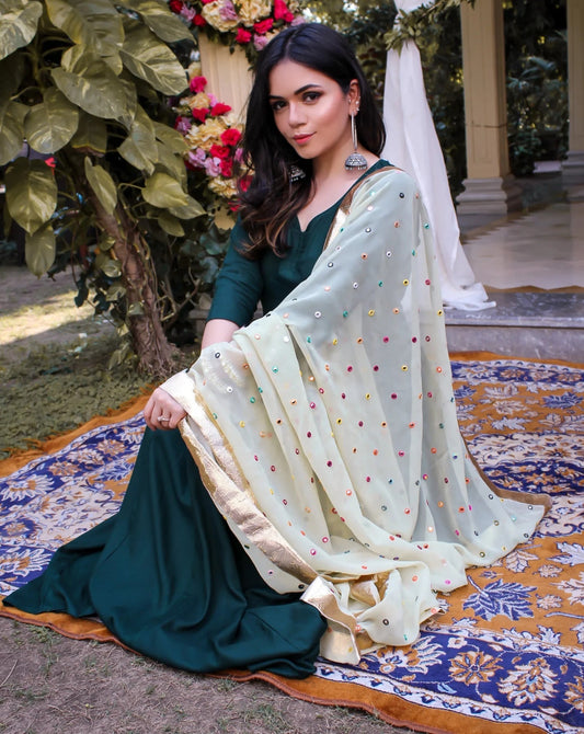 Bottle Green kanchali Neck Suit Set With Embroidery Work Dupatta