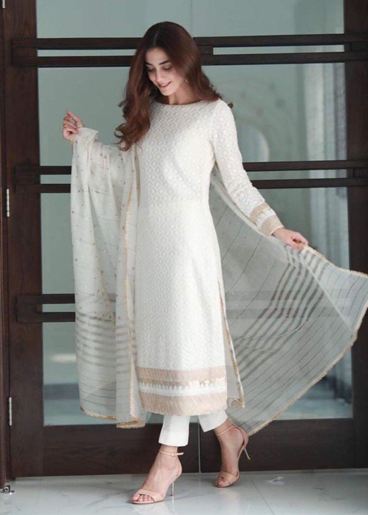 White Kurti Pant Set With Dupatta