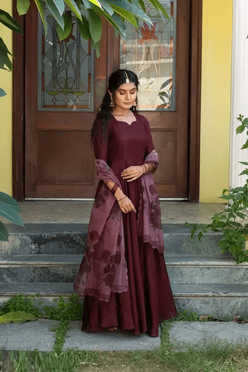 Tafetta Silk Anarkali Fit Maroon Gown with Dupatta For Women and Girls