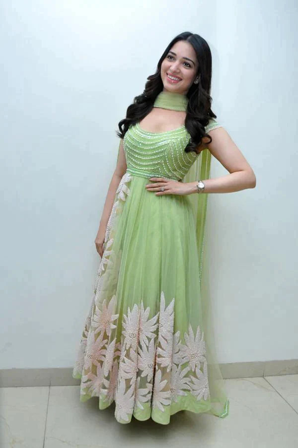 Latest Gorgeous Light Green Thread Embroidered Ready-Made Pleated Gown