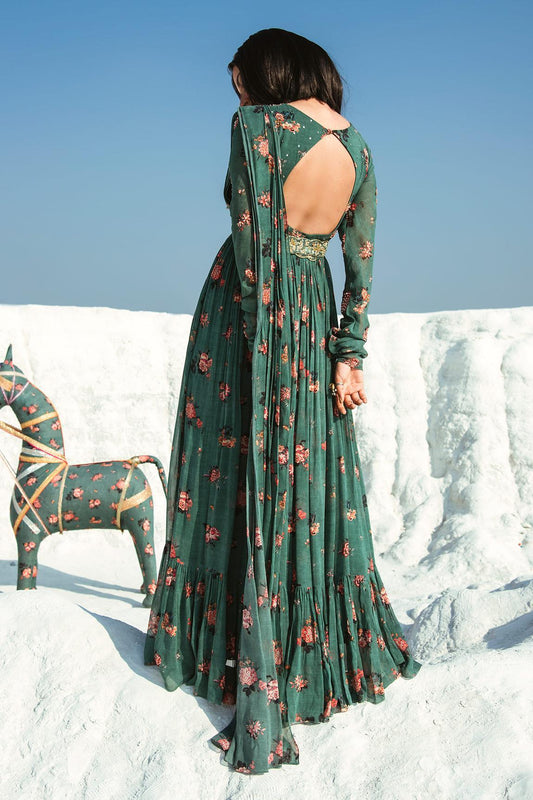 Paulmi and Harsh Green Georgette Printed Draped Anarkali