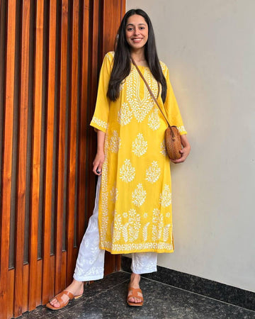 YELLOW CHIKAN EMBROIDERY Kurti_Pent Design