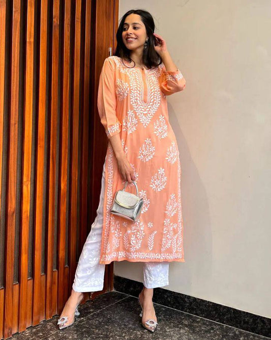 CHIKAN EMBROIDERY Kurti_Pent Pair Design (Peach)