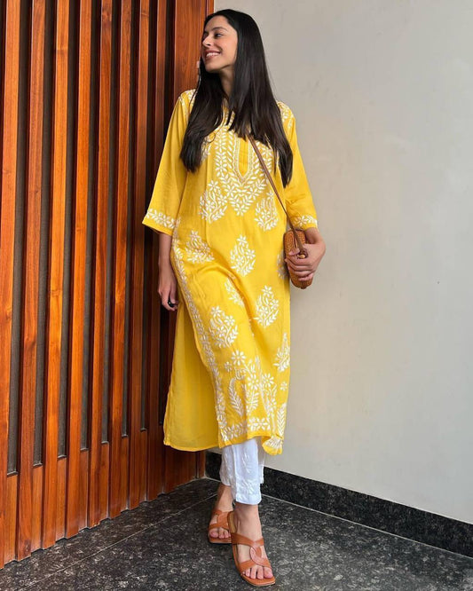 YELLOW CHIKAN EMBROIDERY Kurti_Pent Design