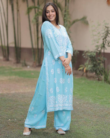 Chikankari Exclusive Kurti_Pent Pair Design(blue)